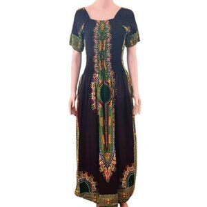 Rainbow Colorful Shirred Maxi Dress OS Brown Print Short Sleeved Square Neck